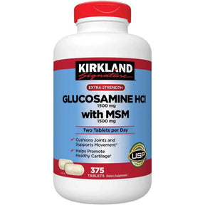 Frasco de suplemento Kirkland Signature Glucosamina HCl con MSM 375 tabletas