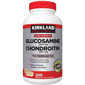 Frasco de suplemento Kirkland Signature Glucosamina y Condroitina 220 tabletas