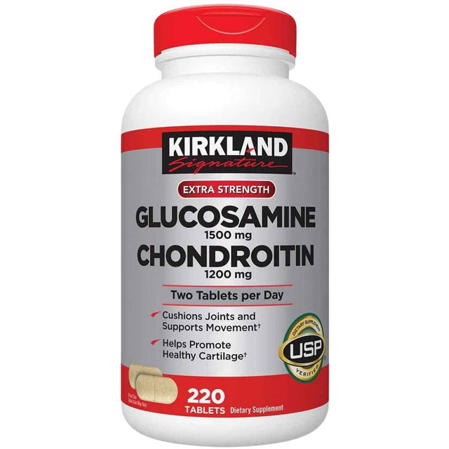 Frasco de suplemento Kirkland Signature Glucosamina y Condroitina 220 tabletas