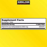 Tabla nutricional del suplemento Kirkland Signature Metilcobalamina B12 5000 mcg 300 tabletas
