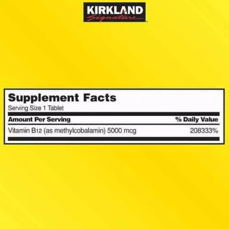 Tabla nutricional del suplemento Kirkland Signature Metilcobalamina B12 5000 mcg 300 tabletas