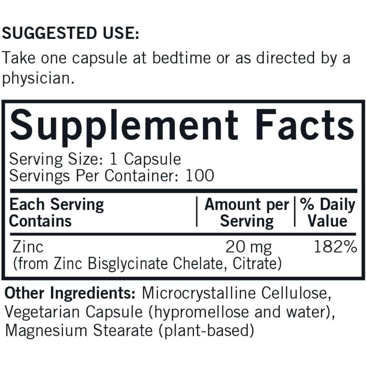 Tabla nutricional del suplemento Kirkman Bisglicinato Quelado y Citrato de Zinc 100 cápsulas