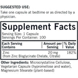 Tabla nutricional del suplemento Kirkman Bisglicinato Quelado y Citrato de Zinc 100 cápsulas