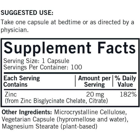 Tabla nutricional del suplemento Kirkman Bisglicinato Quelado y Citrato de Zinc 100 cápsulas