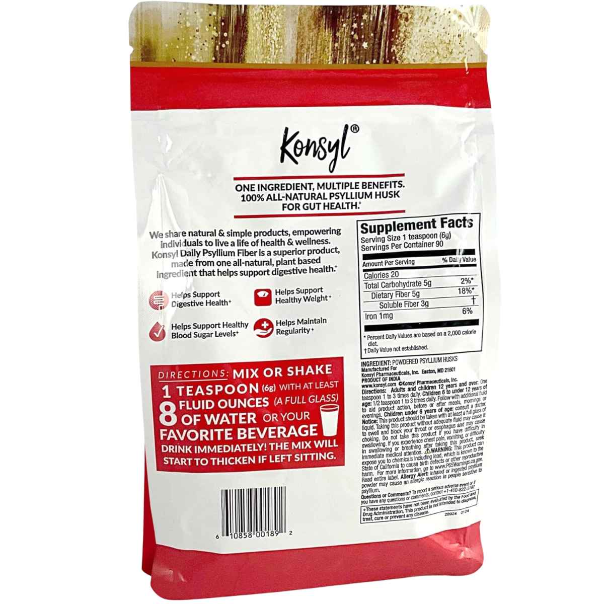Tabla nutricional del suplemento Konsyl Daily Psyllium Fiber Natural en bolsa de 19 oz