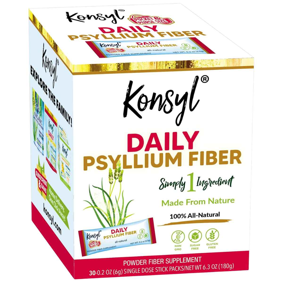 Caja de suplemento Konsyl Daily Psyllium Fiber Natural en 30 sobres de dosis única