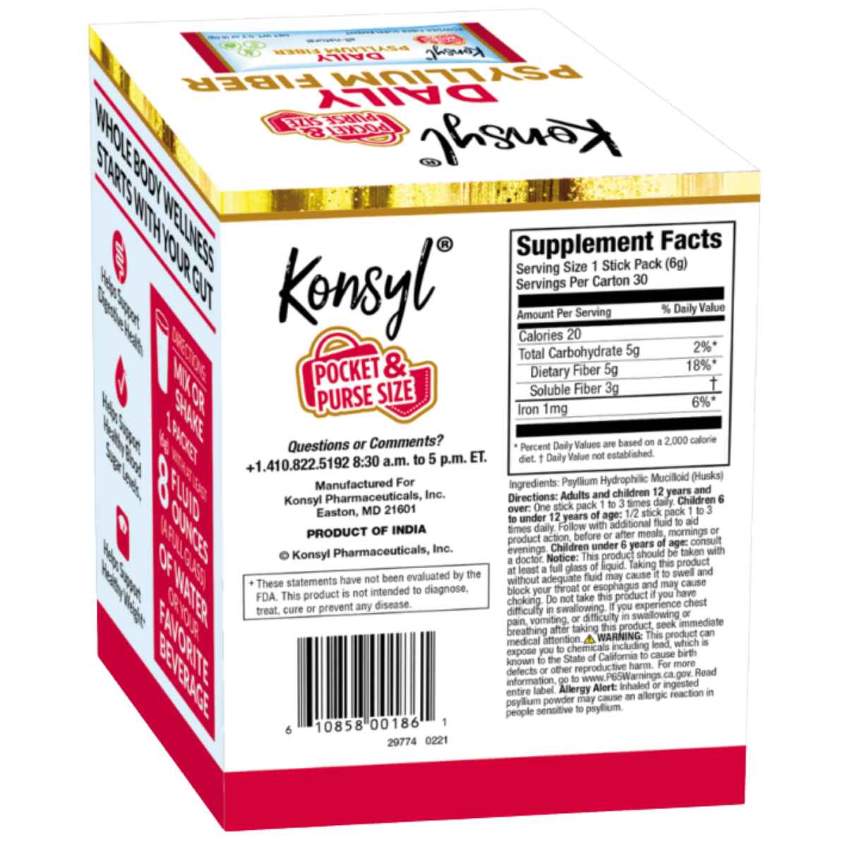 Tabla nutricional del suplemento Konsyl Daily Psyllium Fiber Natural en formato de 30 sobres