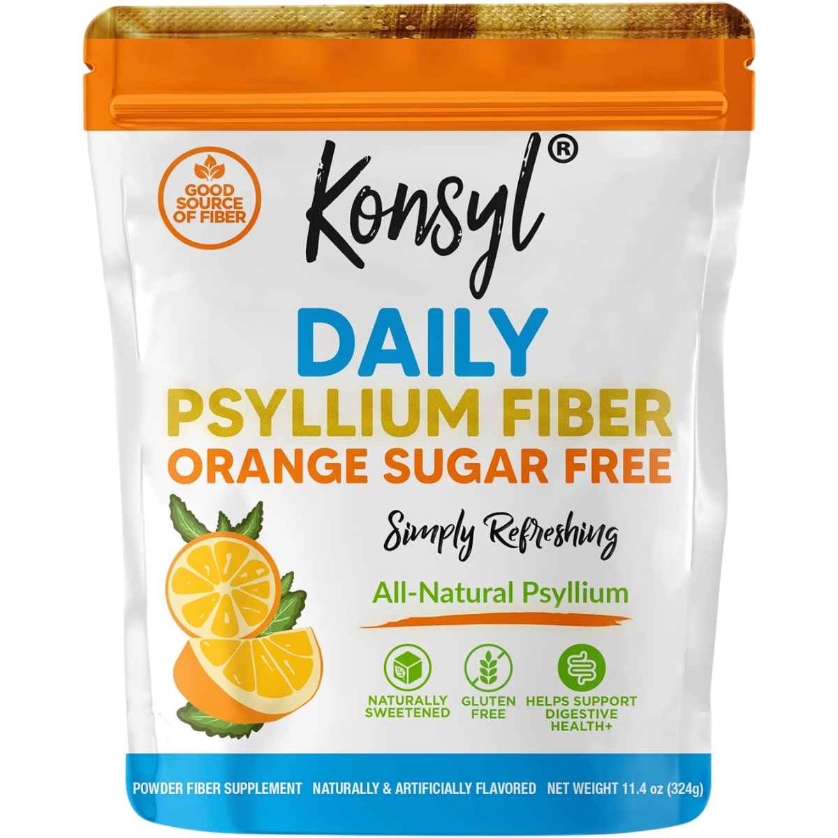 Bolsa de suplemento Konsyl Daily Psyllium Fiber Orange Sugar Free Simply Refreshing de 11.4 oz