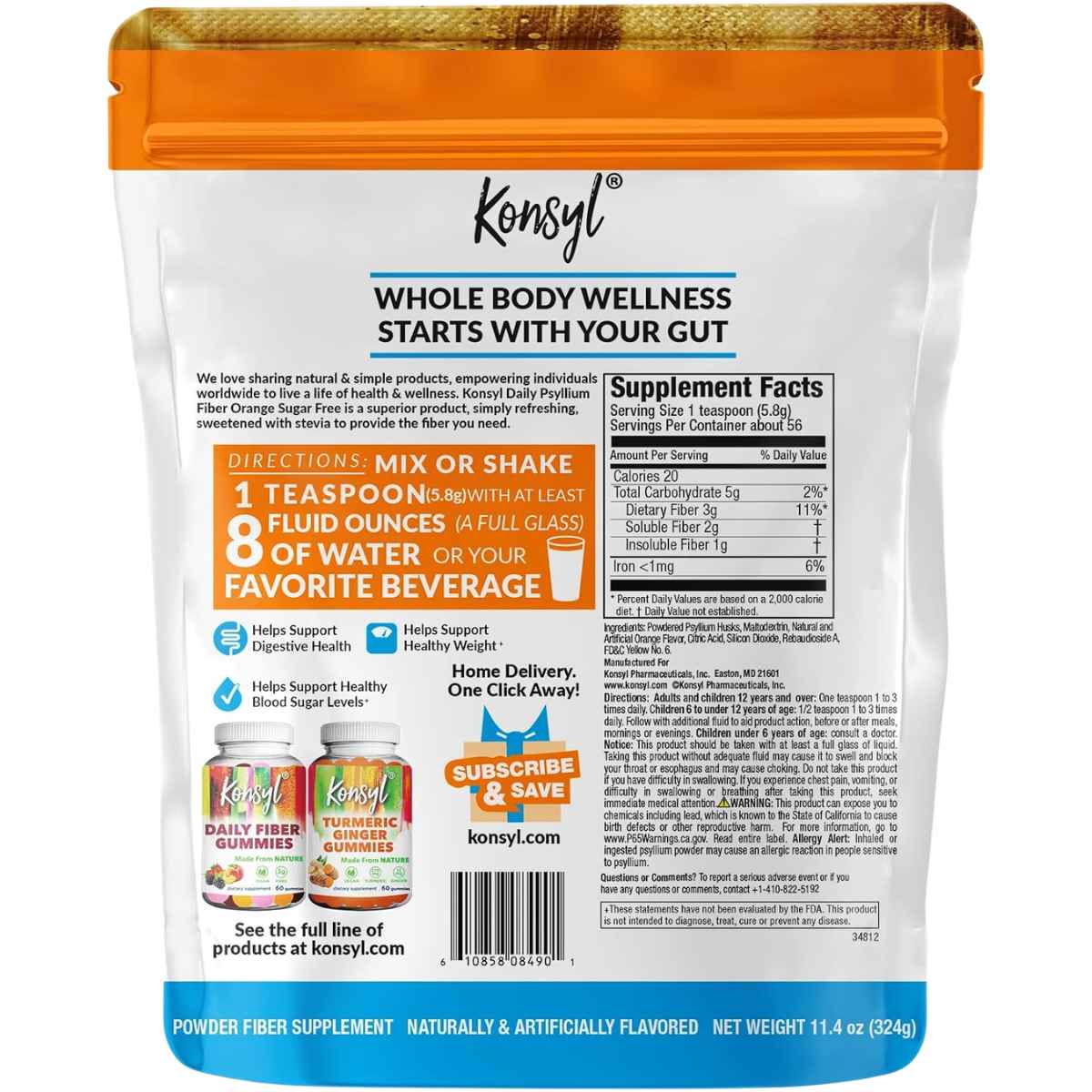 Tabla nutricional del suplemento Konsyl Daily Psyllium Fiber Naranja Sin Azúcar en bolsa de 11.4 oz