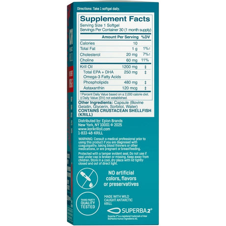 Tabla de suplementos de KORI Aceite de Krill Omega 3 1200 mg con información de porción, ingredientes y advertencias.