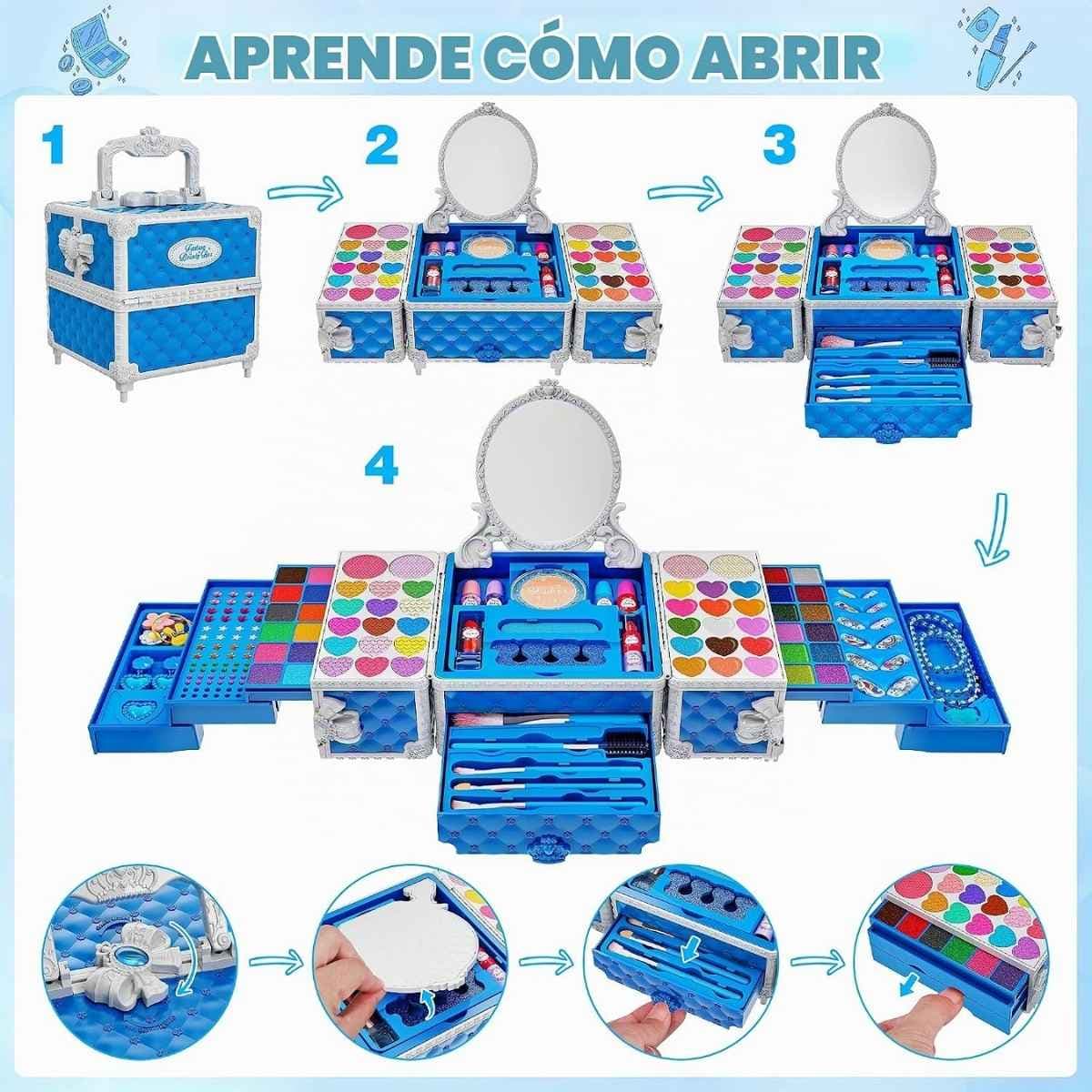 Kit de maquillaje Kuovei azul mostrado cerrado y desplegado con espejo y compartimentos.