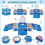 Kit de maquillaje Kuovei azul mostrado cerrado y desplegado con espejo y compartimentos.