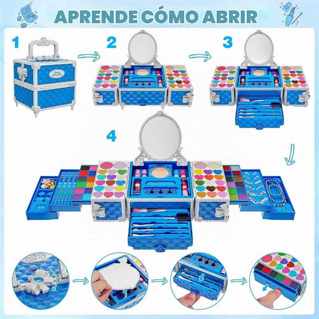 Kit de maquillaje Kuovei azul mostrado cerrado y desplegado con espejo y compartimentos.