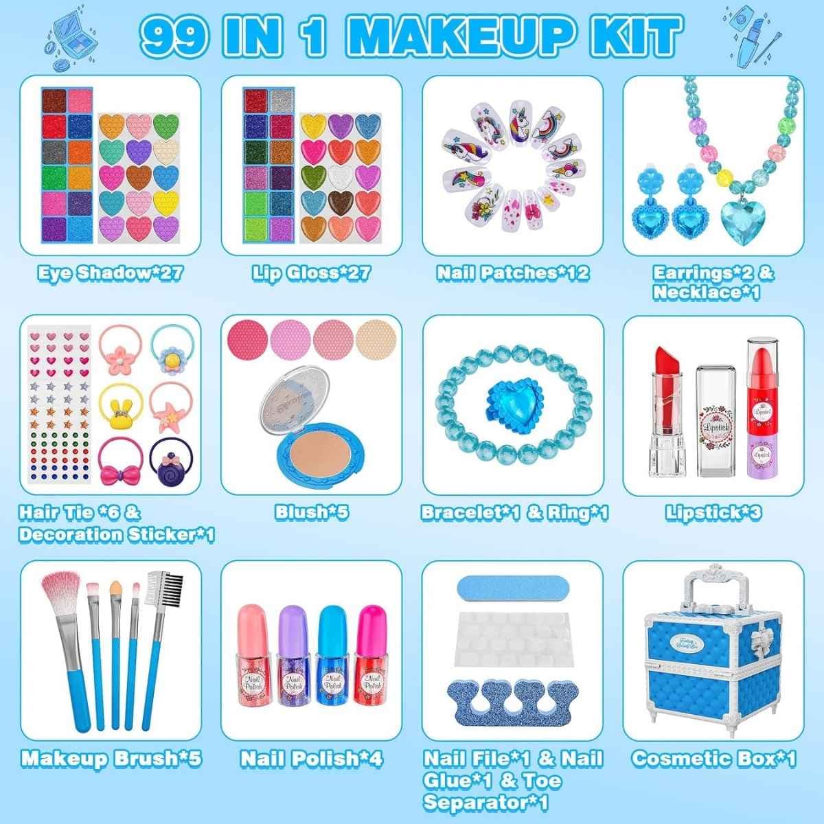 Contenido del kit de maquillaje Kuovei azul de 99 piezas.