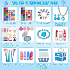 Contenido del kit de maquillaje Kuovei azul de 99 piezas.