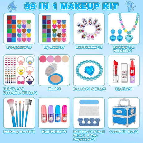 Contenido del kit de maquillaje Kuovei azul de 99 piezas.
