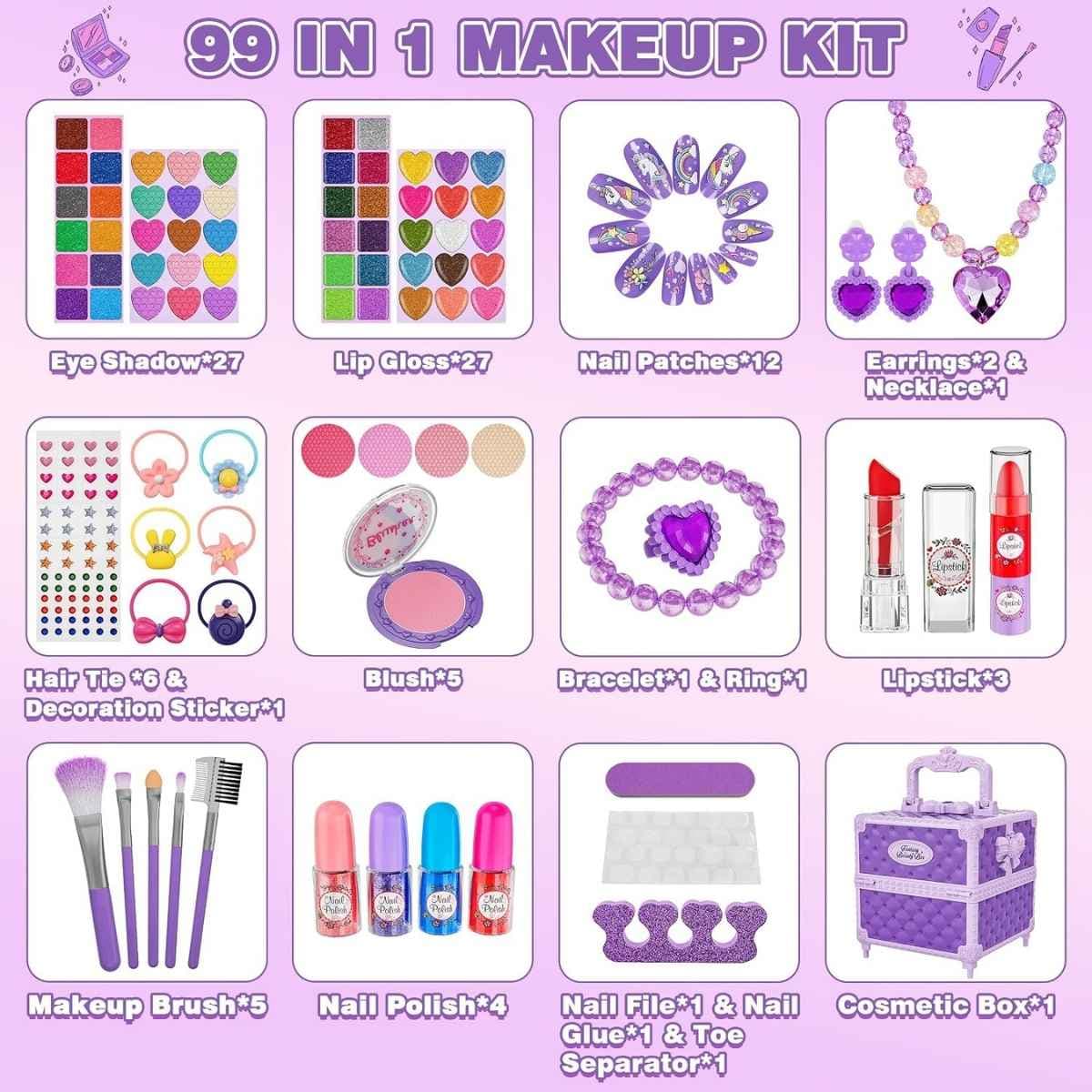 Componentes incluidos en el kit de maquillaje Kuovei fucsia de 99 piezas.