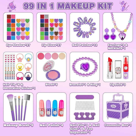 Componentes incluidos en el kit de maquillaje Kuovei fucsia de 99 piezas.