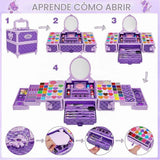 Kit de maquillaje Kuovei fucsia mostrado cerrado y desplegado con espejo y compartimentos.