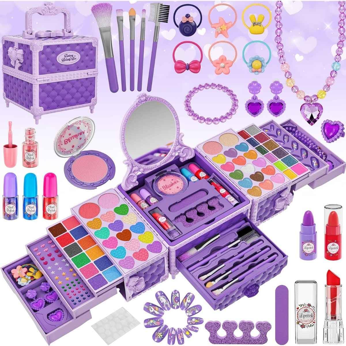 Contenido del kit de maquillaje Kuovei fucsia de 99 piezas.