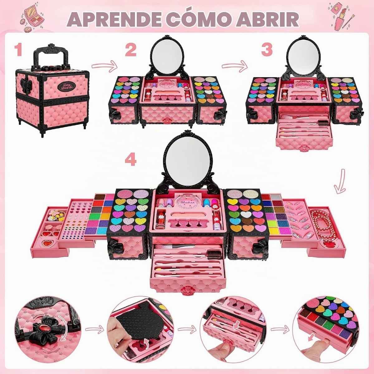 Kit de maquillaje Kuovei rosa mostrado cerrado y desplegado con espejo y compartimentos.