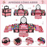 Kit de maquillaje Kuovei rosa mostrado cerrado y desplegado con espejo y compartimentos.