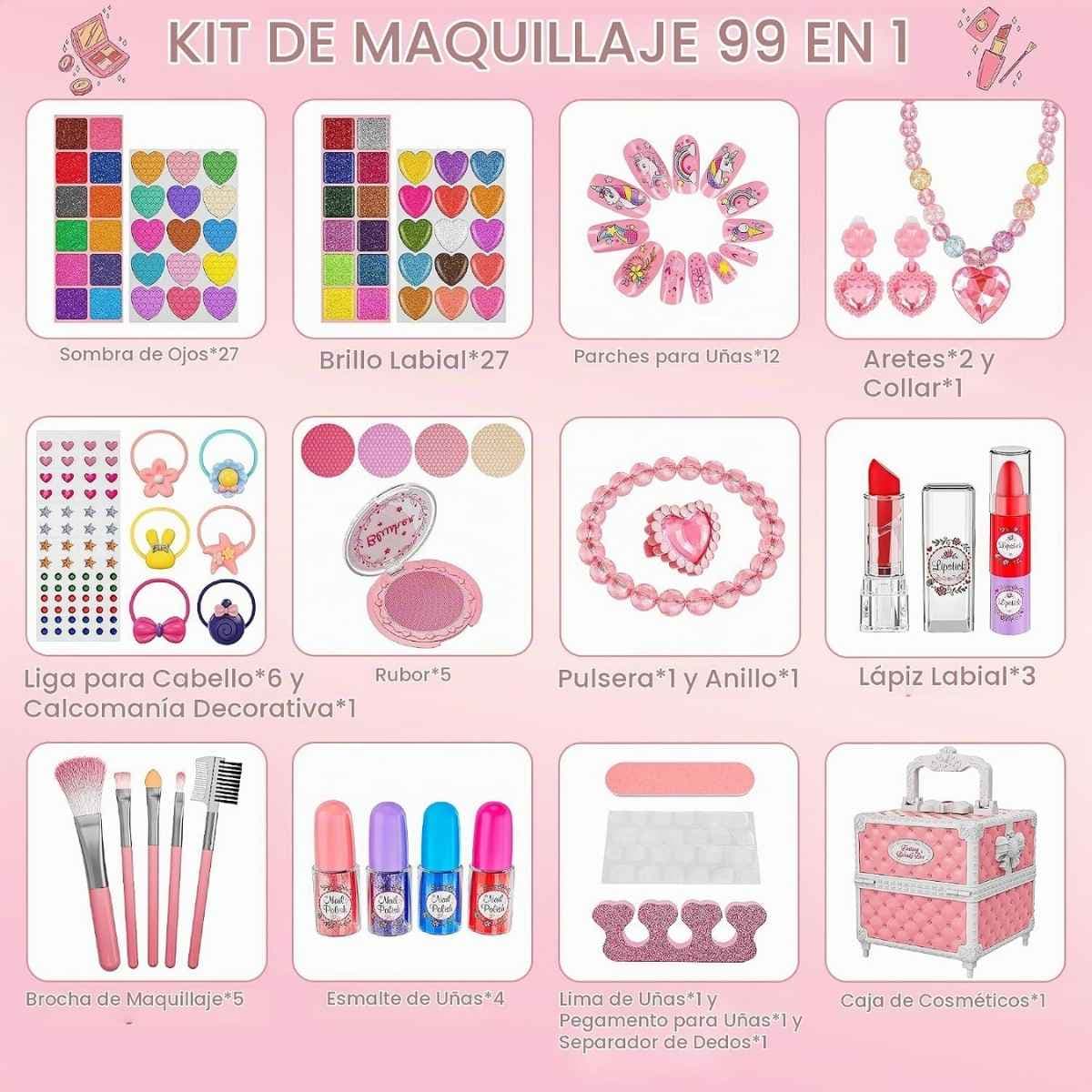 Componentes incluidos en el kit de maquillaje Kuovei rosa y blanco de 99 piezas.