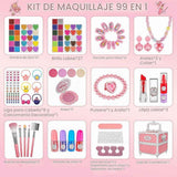 Componentes incluidos en el kit de maquillaje Kuovei rosa y blanco de 99 piezas.