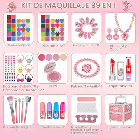 Componentes incluidos en el kit de maquillaje Kuovei rosa y blanco de 99 piezas.