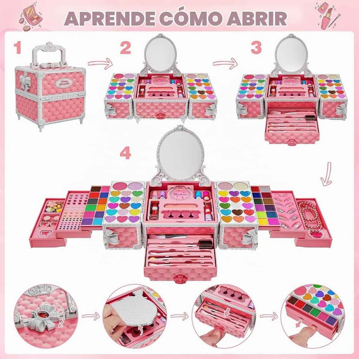 Kit de maquillaje Kuovei rosa y blanco mostrado cerrado y desplegado con espejo y compartimentos.