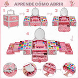 Kit de maquillaje Kuovei rosa y blanco mostrado cerrado y desplegado con espejo y compartimentos.