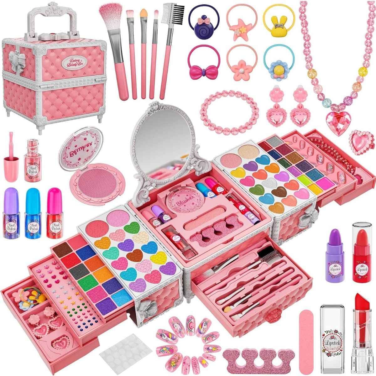 Contenido del kit de maquillaje Kuovei rosa y blanco de 99 piezas.