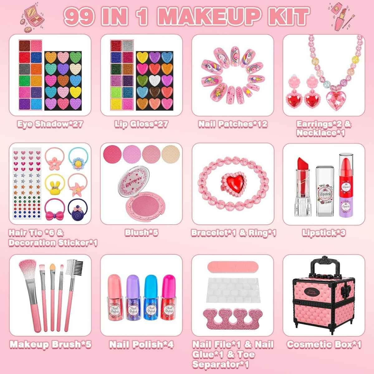 Contenido del kit de maquillaje Kuovei rosa de 99 piezas.