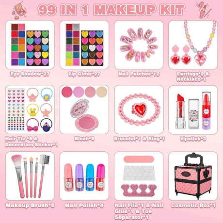 Contenido del kit de maquillaje Kuovei rosa de 99 piezas.