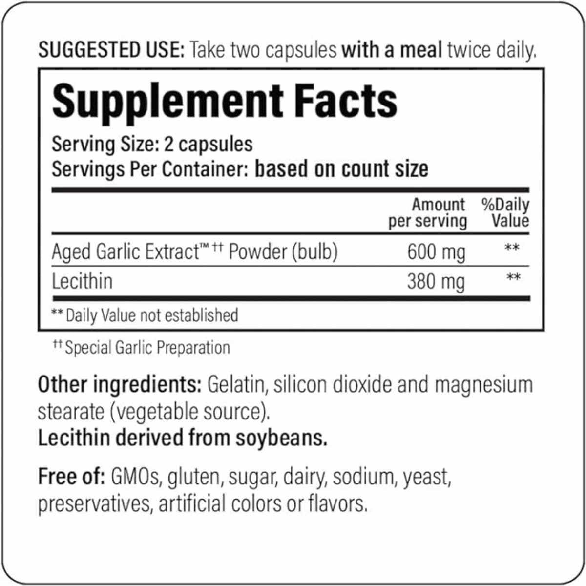Tabla nutricional del suplemento Kyolic Ajo Lecitina Fórmula 104 - 100 Cápsulas
