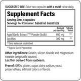 Tabla nutricional del suplemento Kyolic Extracto de Ajo Añejado y Lecitina 300 cápsulas