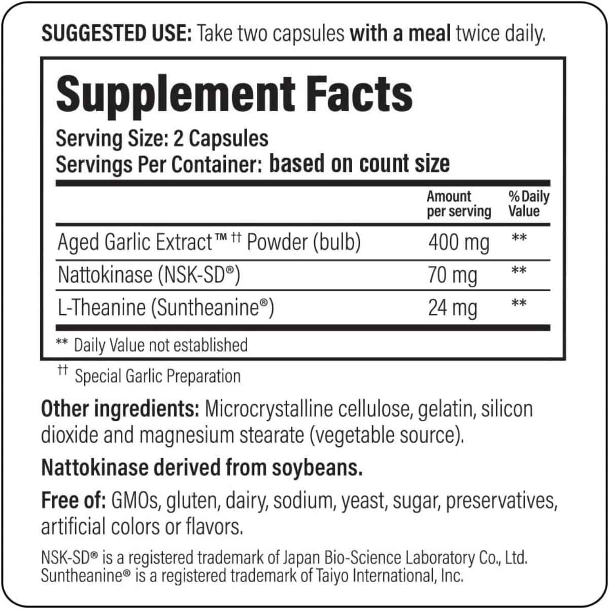 Tabla nutricional del suplemento Kyolic Fórmula 109 con Extracto de Ajo Añejo 160 Cápsulas