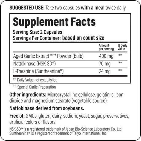 Tabla nutricional del suplemento Kyolic Fórmula 109 con Extracto de Ajo Añejo 160 Cápsulas