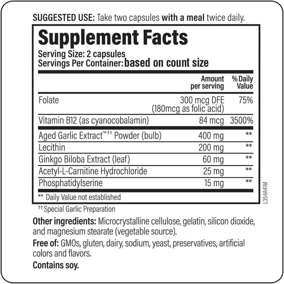 Tabla nutricional del suplemento Kyolic Neuro-Logic 120 cápsulas