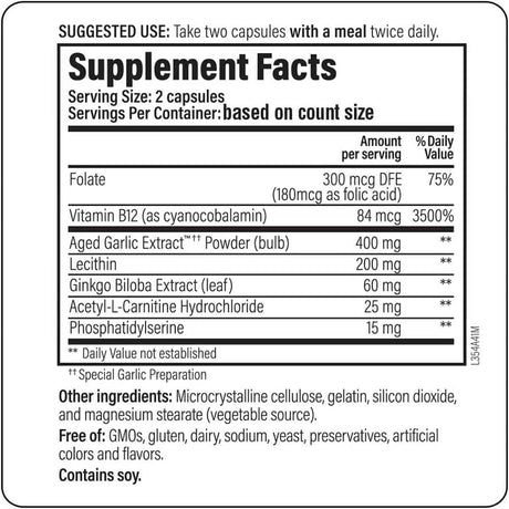 Tabla nutricional del suplemento Kyolic Neuro-Logic 120 cápsulas