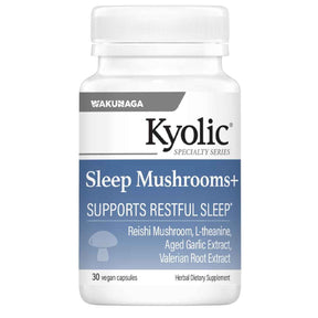 Frasco de suplemento Kyolic Sleep Mushrooms+ 30 cápsulas vegetales