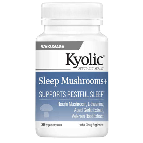 Frasco de suplemento Kyolic Sleep Mushrooms+ 30 cápsulas vegetales