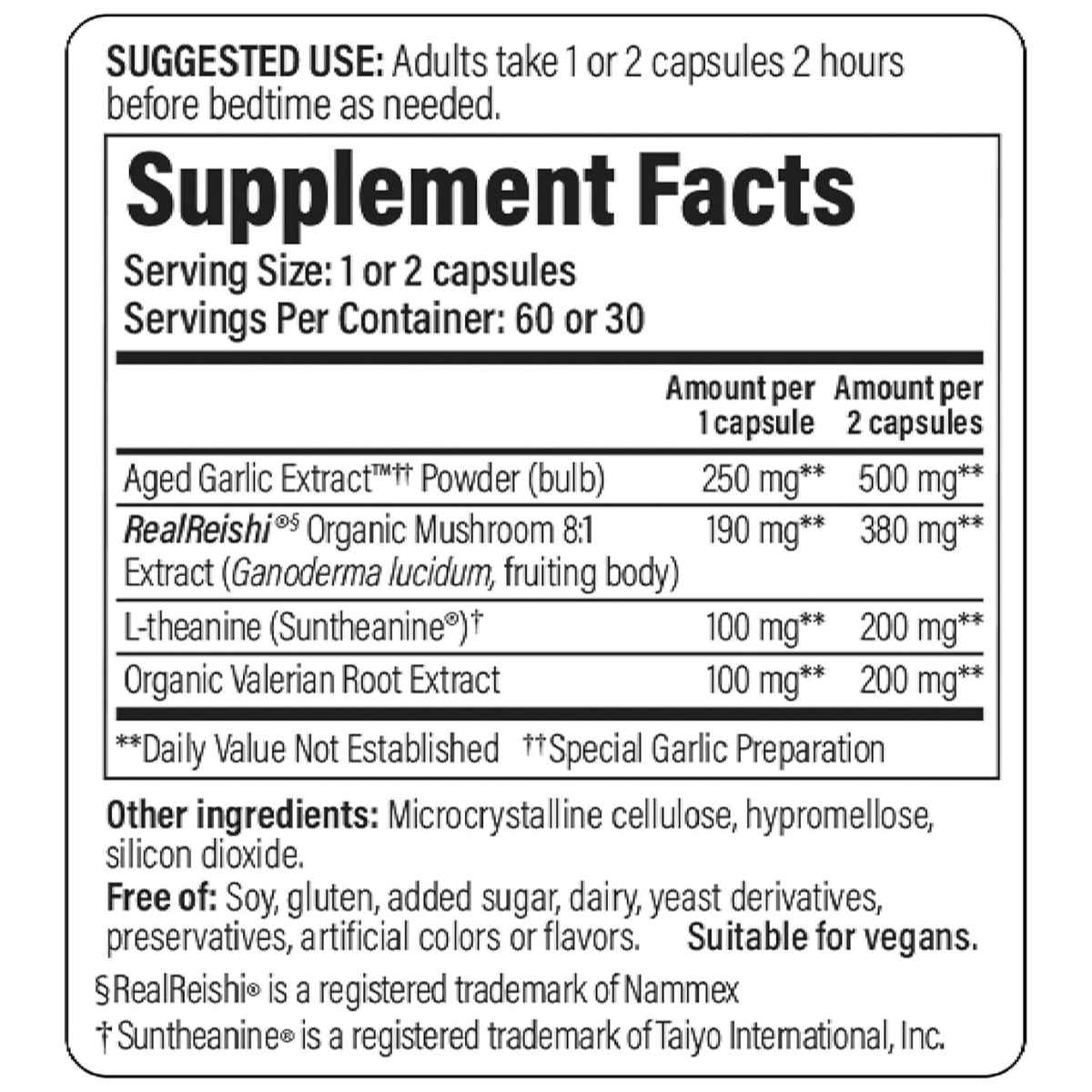 Etiqueta con información del suplemento Kyolic Sleep Mushrooms+ en cápsulas vegetales.