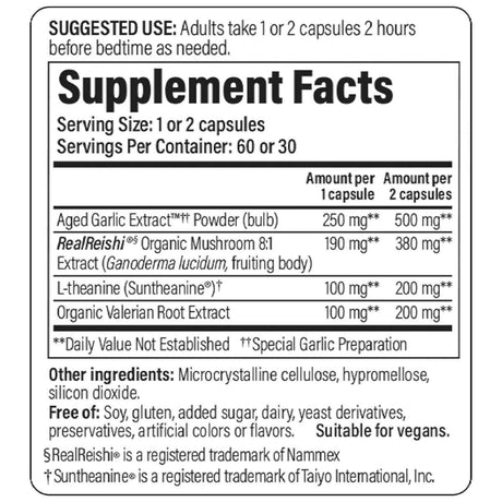 Etiqueta con información del suplemento Kyolic Sleep Mushrooms+ en cápsulas vegetales.