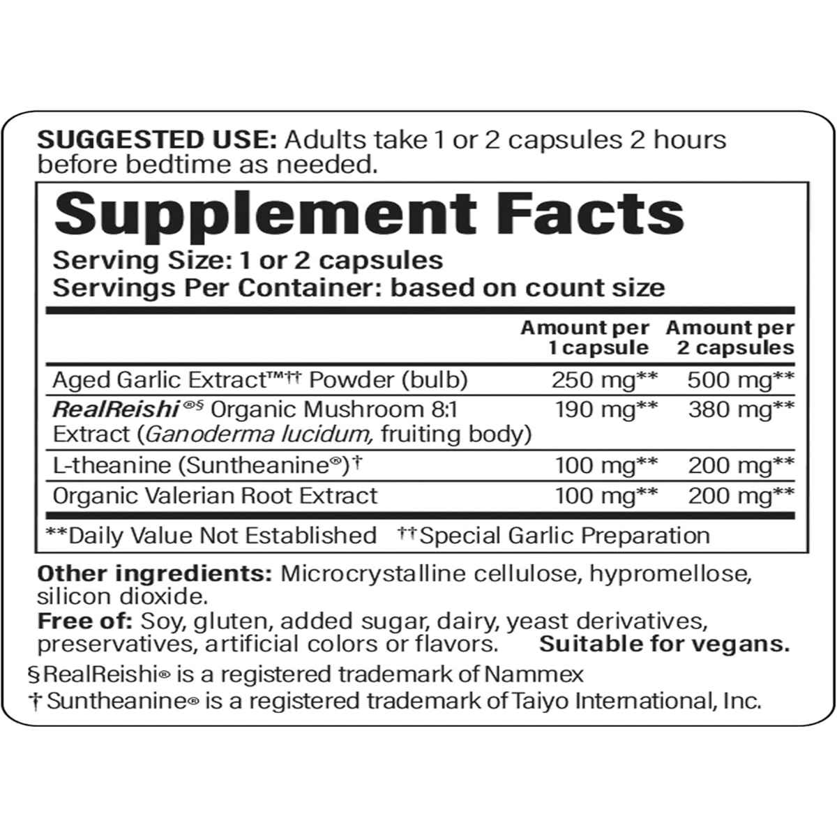 Tabla nutricional del suplemento Kyolic Sleep Mushrooms+ en cápsulas vegetales