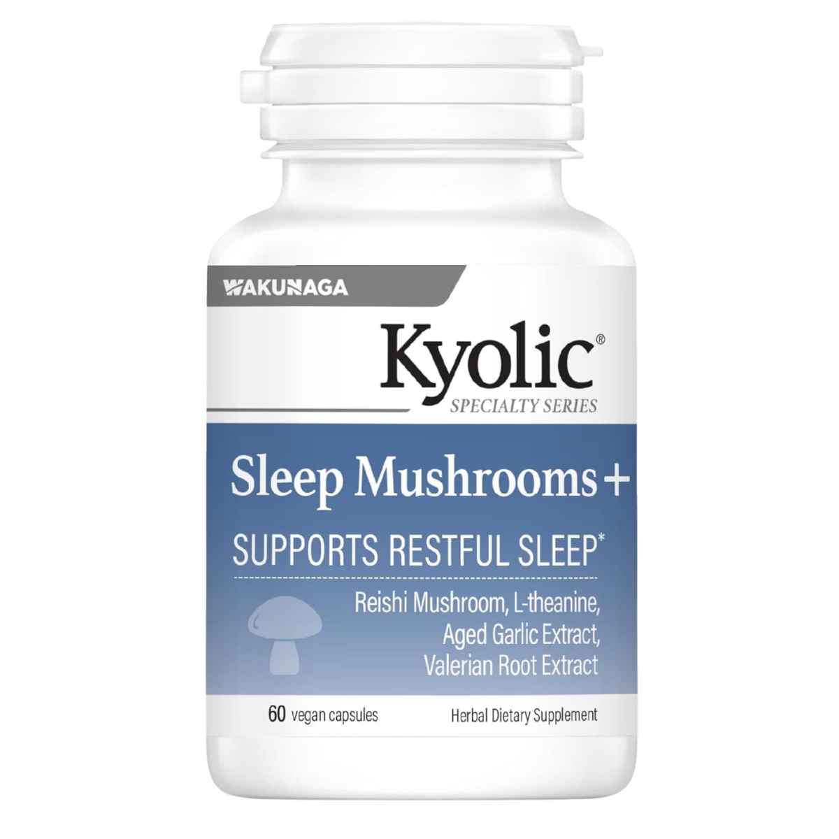 Frasco de suplemento Kyolic Sleep Mushrooms+ 60 cápsulas vegetales