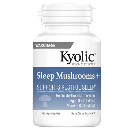 Frasco de suplemento Kyolic Sleep Mushrooms+ 60 cápsulas vegetales