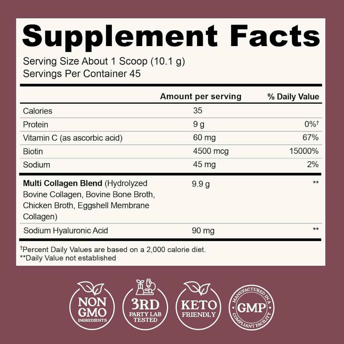Tabla nutricional del suplemento Left Coast Performance Péptidos de Multi Colágeno Sin Sabor 1 lb