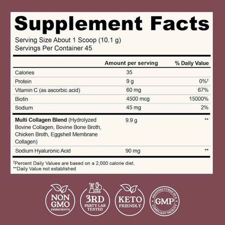 Tabla nutricional del suplemento Left Coast Performance Péptidos de Multi Colágeno Sin Sabor 1 lb