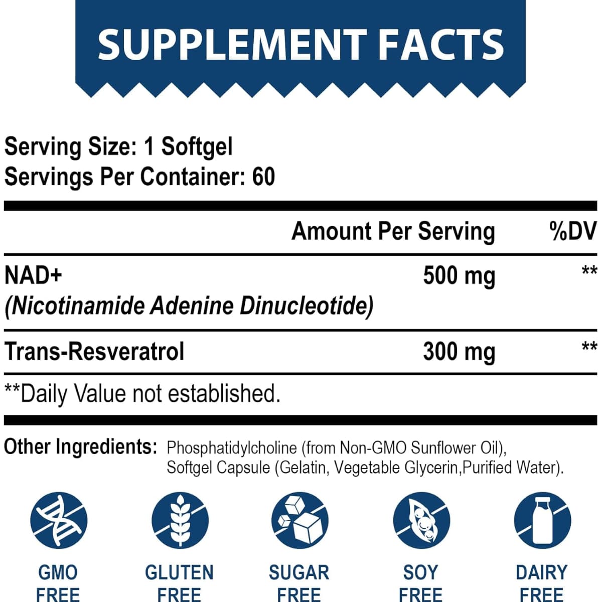 Tabla nutricional del suplemento Lepoznan - NAD+ Liposomal con Trans-Resveratrol (500 mg - 60 Cápsulas blandas)